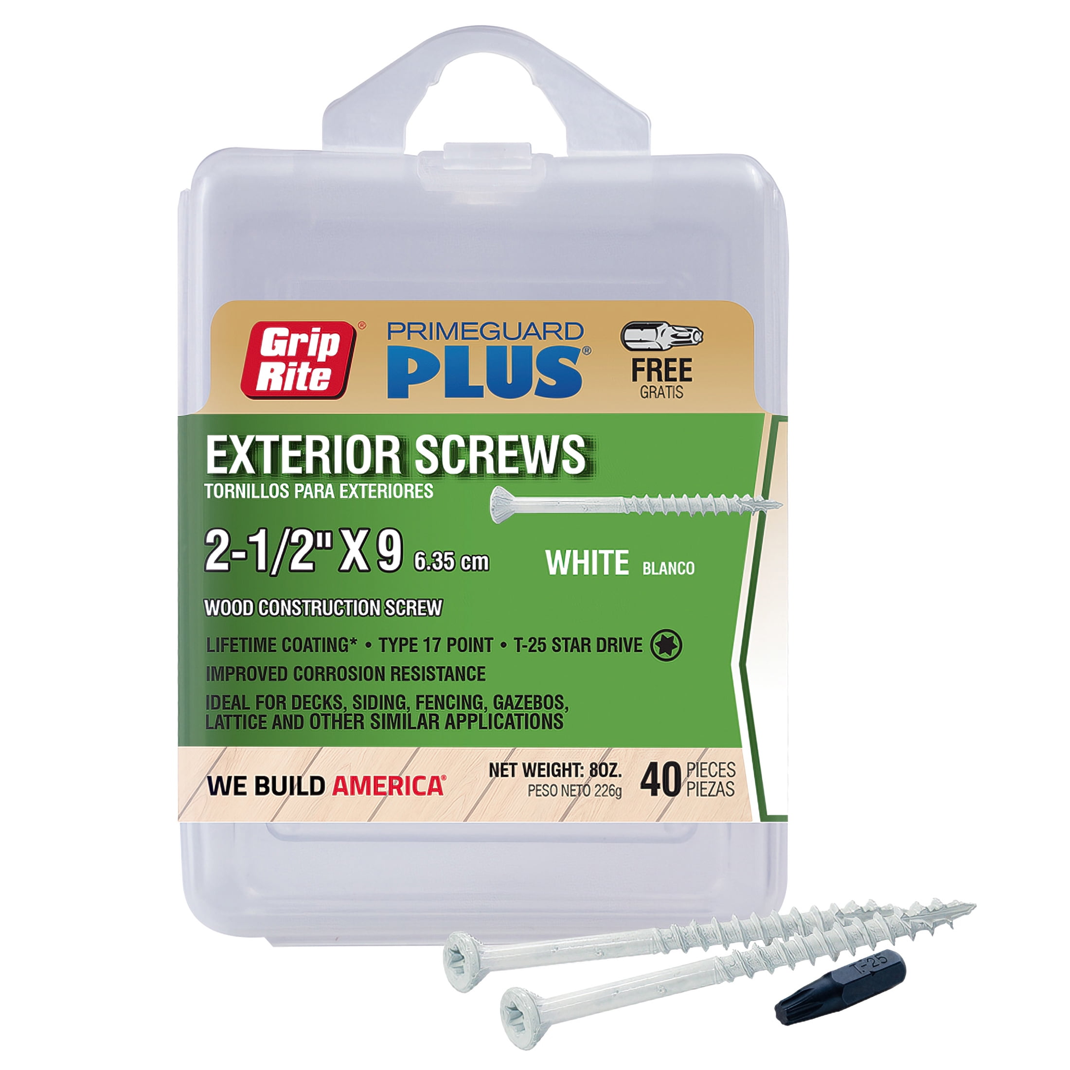(1 pack) Grip-Rite PrimeGuard Plus #9 x 2-1/2 in. White Wood to Wood Deck Screw 40CT