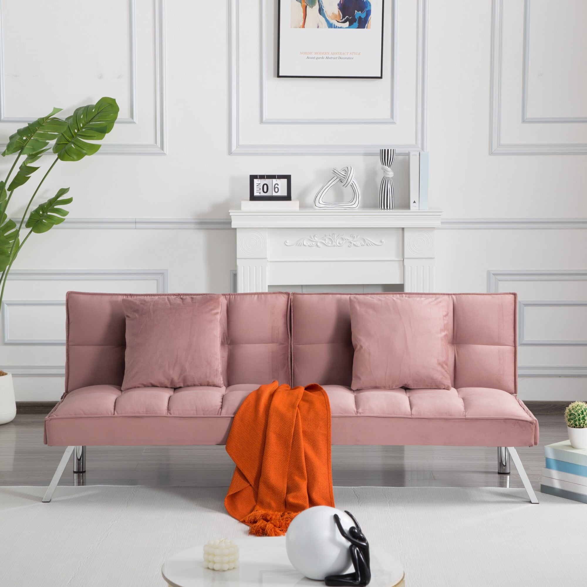 DEALTOPS 67" Convertible Futon Sofa Bed, 5-Angle Split-Back Sleeper with 2 Pillows for Small Spaces, Rose Pink