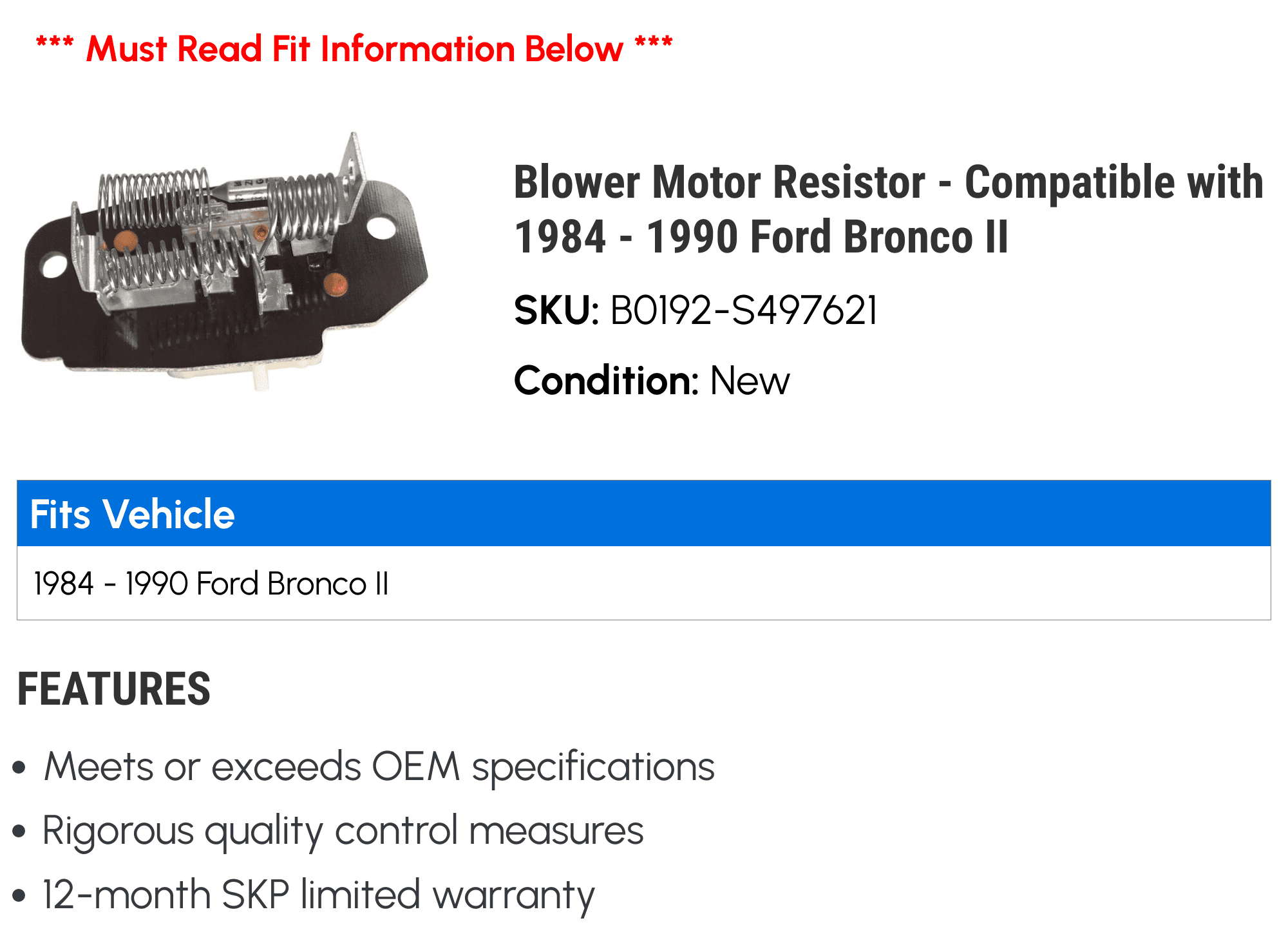 Blower Motor Resistor - Compatible with 1984 - 1990 Ford Bronco II 1985 1986 1987 1988 1989