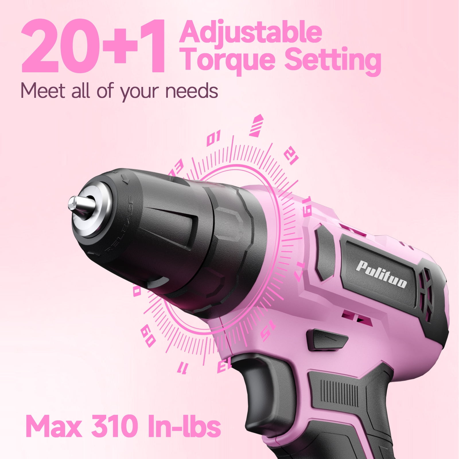 PULITUO 20V Cordless Pink Drill Kit, 238-Piece Tool Box, Electric Drill Driver with Battery, 2 Speeds, 21+1 Clutch, LED Light, Lady's Home Repair Set