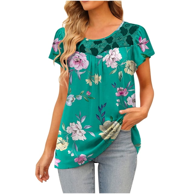 Blouses à Manches Courtes pour Femmes Mode Dentelle T-Shirt Imprimé Blouse à Manches Courtes Col Rond Hauts Décontractés Hauts à Manches Courtes Blouse à Manches Courtes pour Femmes
