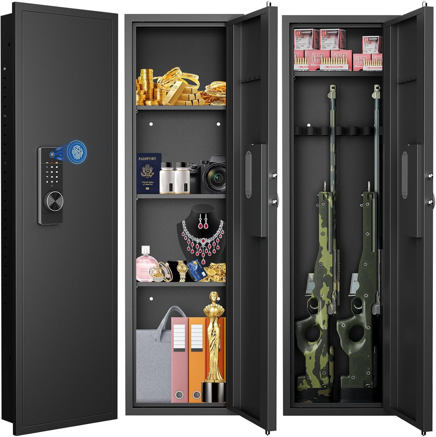 53.15" Tall Wall Safe Between the Studs 16" Centers, Hidden Wall Safes With Removable shelfs and Adjustable Gun Rack, Biometric Wall Gun Safe for Home Rifle, Cash, Jewelry, Documents - Black