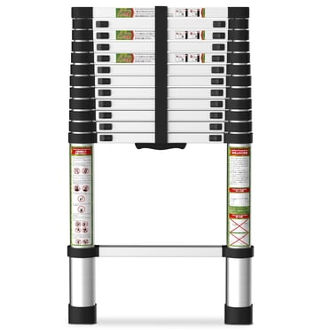 Primy 12.5 FT Telescoping Ladder, Aluminum One-button Retraction Collapsible Extension Ladder, 330 LBS Capacity with Non-slip Feet, Portable Multi-purpose Compact Ladder for Home, RV, Loft