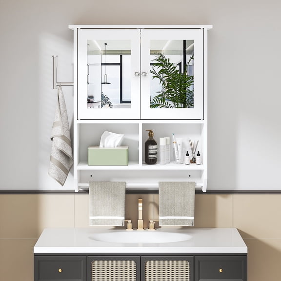 VECELO Modern Bathroom Wall Mounted Cabinet with Double Mirror Doors and LED Light, Hanging Medicine Storage Cabinet with Towel Bar for Bathroom Laundry Room, White