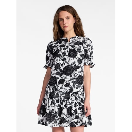Time and Tru Women's Cotton Double Cloth Mini Dress with Drop Waist, Sizes XS-XXXL