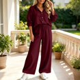 thumbnail image 5 of BRELIL Women's Two Piece Outfits Sets Collared Long Sleeve Shirt Wide Leg Pants Casual Lounge Matching Set Solid Boho Vacation Travel Tracksuit, Wine L, 5 of 6