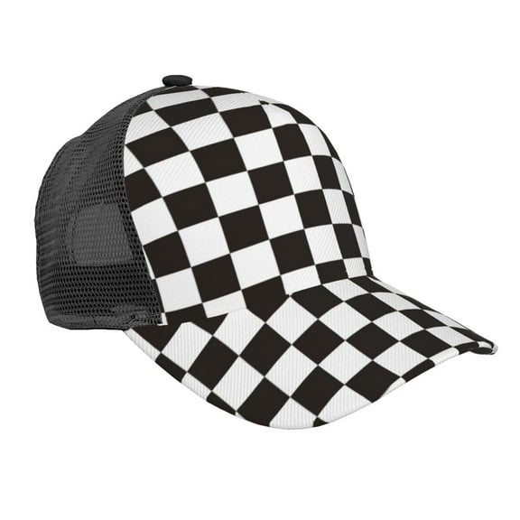 Lsque Black and White Checkerboard Printed Trucker Hat - Baseball Cap for Men Women - Breathable Mesh Side, Adjustable Fit - for Casual Wear