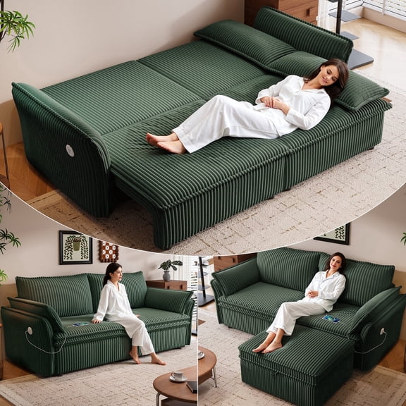 LLappuil Pull Out Sofa Bed Queen Size, 85" Loveseat Sofa with Movable Ottoman, USB Charging Port, Corduroy Sofa Couch Convertible Sofa Bed for Living Room Green