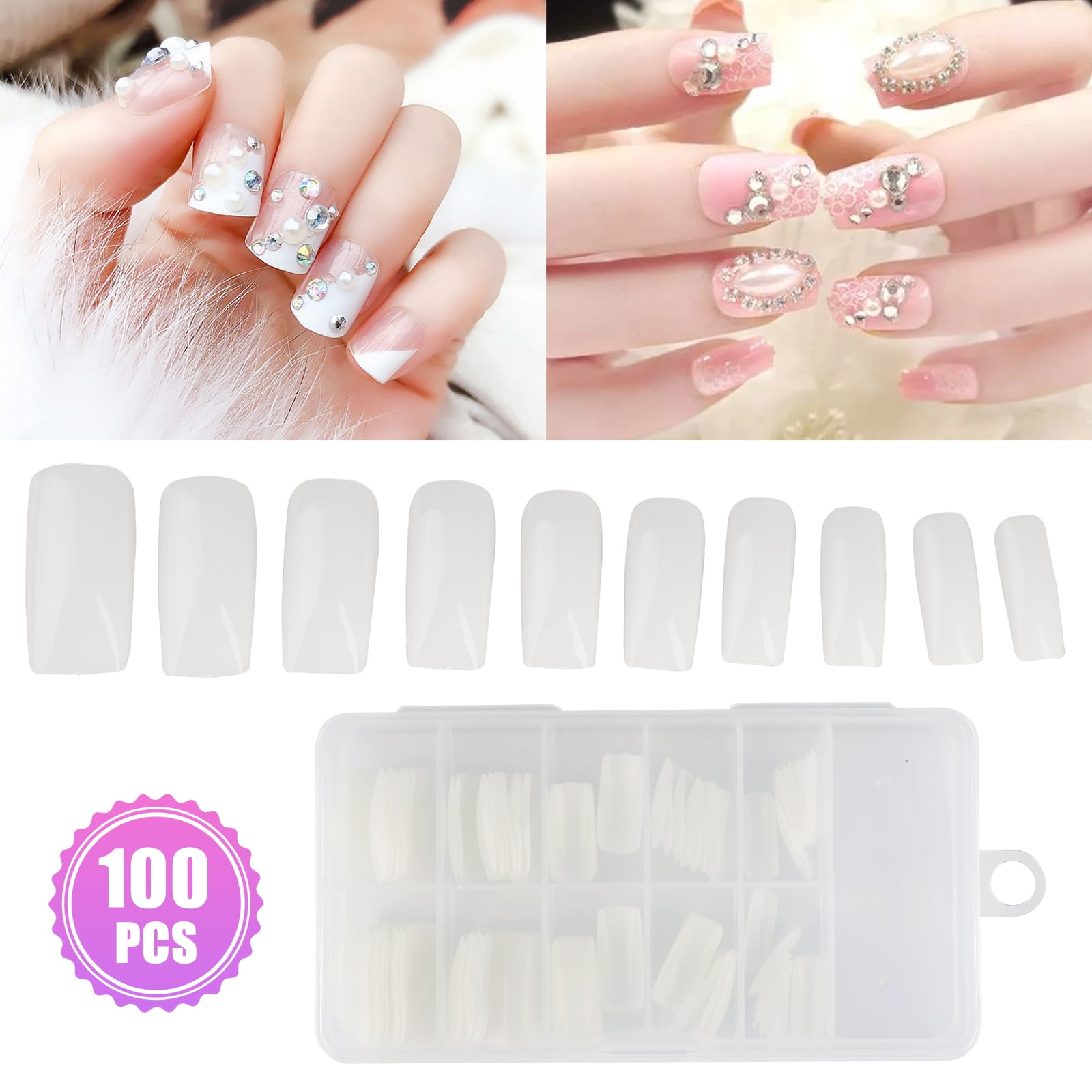 100Pcs False Natural Full Cover Nails, TSV Artificial French Fake Acrylic Nails, Press On Nails Art Tips for Nail Salon, Home DIY Nail Art 10 Sizes, Square Shaped with Transparent Box Images 100Pcs False Natural Full Cover Nails, TSV Artificial French Fake Acrylic Nails, Press On Nails Art Tips for Nail Salon, Home DIY Nail Art 10 Sizes, Square Shaped with Transparent Box
