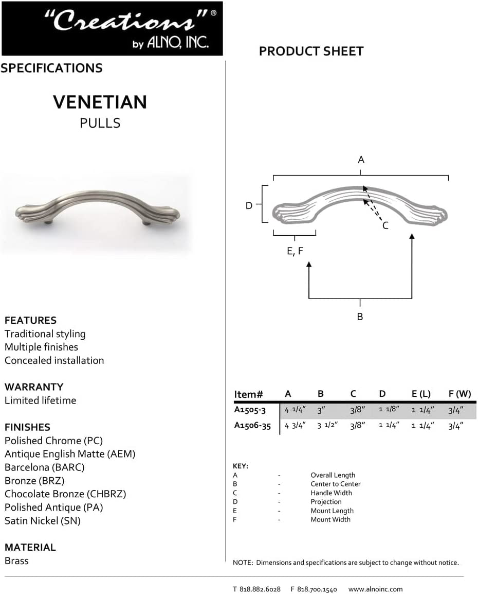 Alno A1506-35-PB/NL Venetian 3-1/2" Center To Center Luxury Traditional Solid Brass Arch