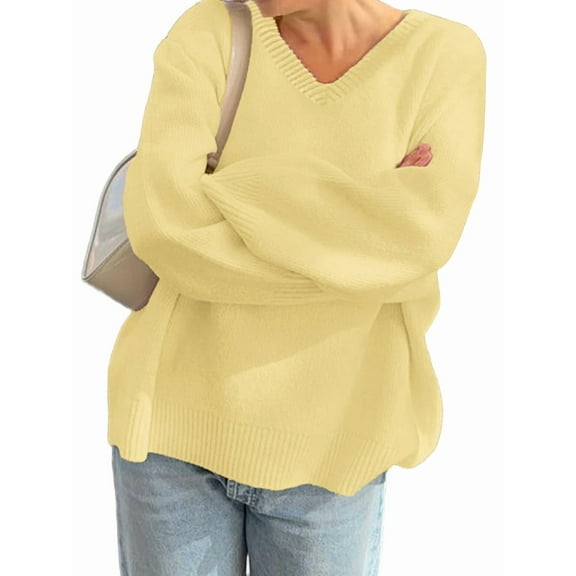 Women'S V Neck Sweaters Black Sweater Tops High Low Hem Fall Basic Knit Jumper Top Casual Sweater Light Yellow L
