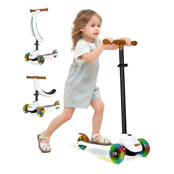 Scooter / Triciclo Evolutivo 5 en 1  de Equilibrio para Niños, Patinete Multifuncional Convertible con Asiento Desmontable, Guía y Luz LED, Color Blanco