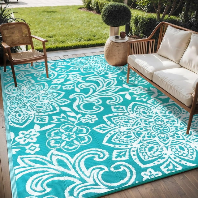 Alfombra impermeable para exteriores Findosom, 183 x 274 cm, reversible, azul