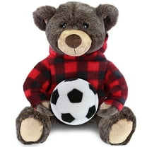 DolliBu Brown Bear Stuffed Animal with Soccer Ball Plush and Red Plaid Hoodie - Super Soft Grizzly Bear Plush Toy, Cute Teddy Bear Gift, Super Soft Plush Doll Animal Toy for Kids and Adults - 10 Inch