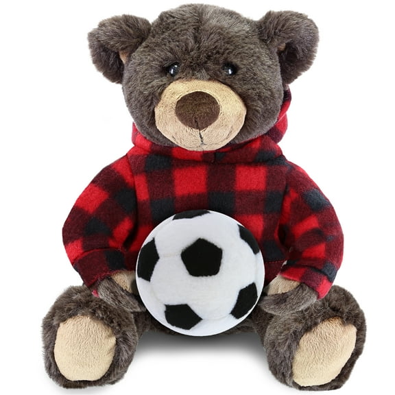 DolliBu Brown Bear Stuffed Animal with Soccer Ball Plush and Red Plaid Hoodie - Super Soft Grizzly Bear Plush Toy, Cute Teddy Bear Gift, Super Soft Plush Doll Animal Toy for Kids and Adults - 10 Inch