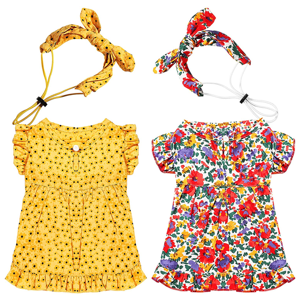 Conjunto de vestido floral de gato y perro vestido de primavera y verano de moda con diadema vestido floral rojo y amarillo Adepaton CPB-DE-LYY1952-3