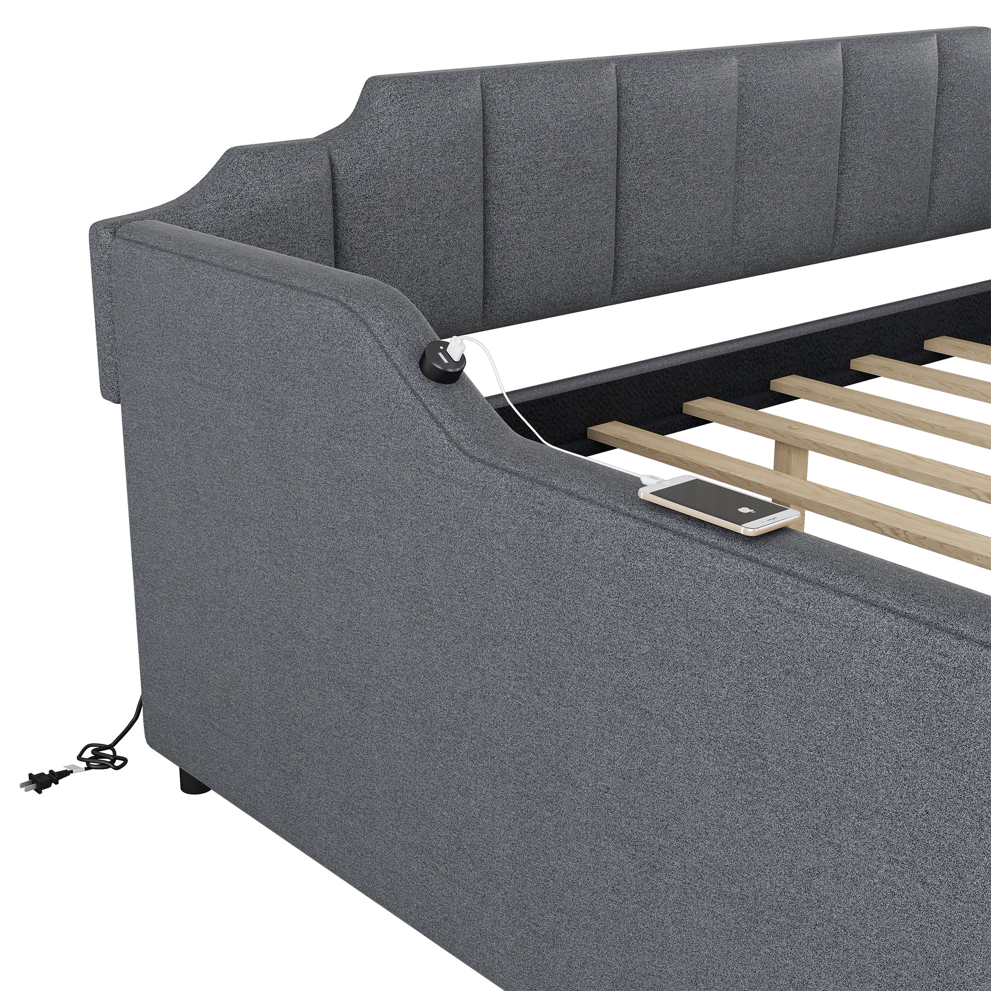 Euroco Full Size Daybed with Trundle, Upholstered with Padded Back for Kids, Gray