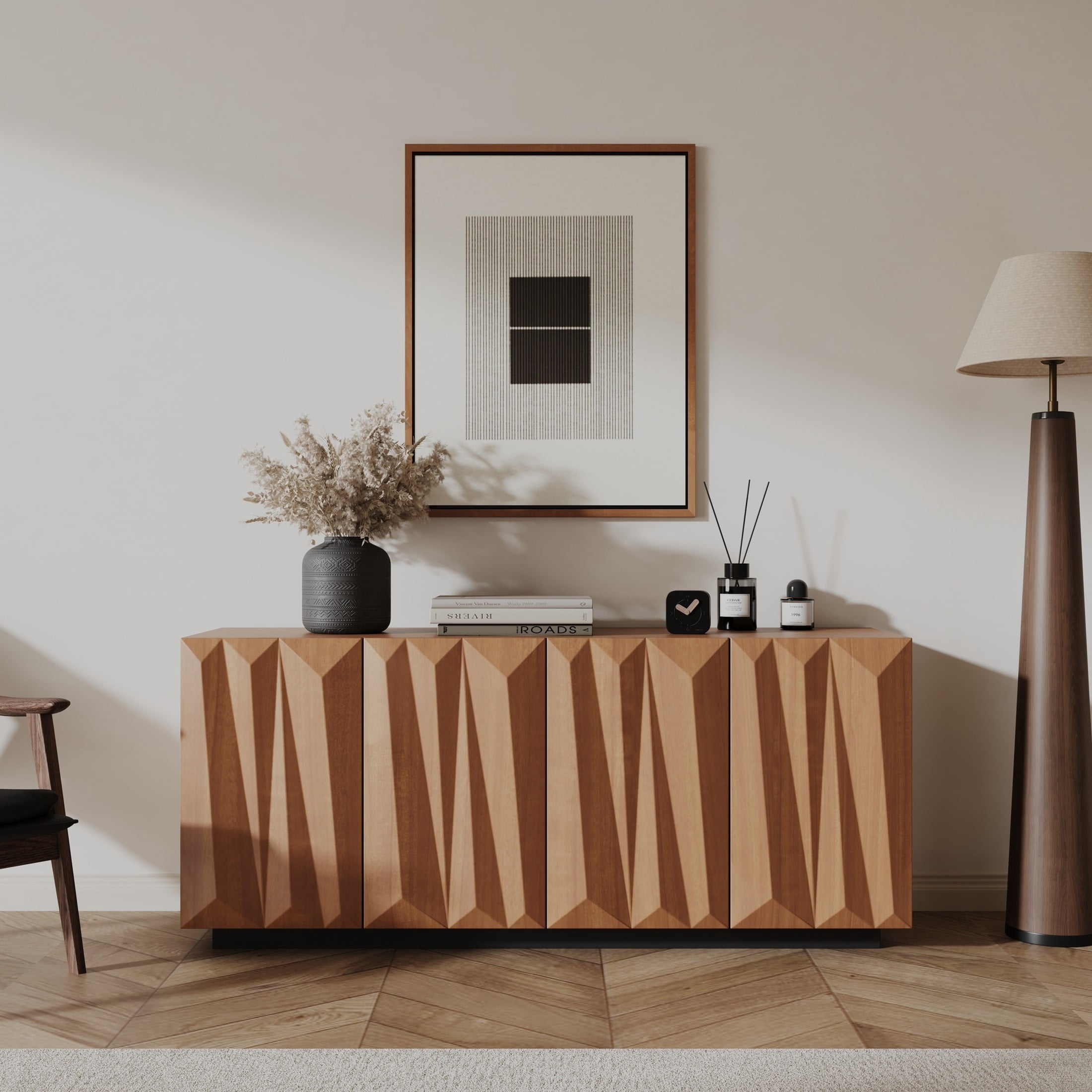 Noble House Cersei 59.5" Buffet Cabinet with Geometric Doors, Mid-Century Storage Sideboard, Walnut