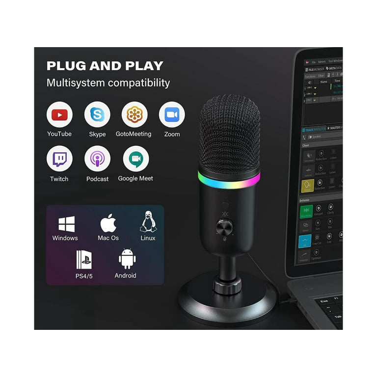 WMT USB Microphone - Condenser Gaming Microphone for PC/MAC/PS4/PS5/Phone- Cardioid Mic with Brilliant RGB Lighting Headphone Output Volume Control