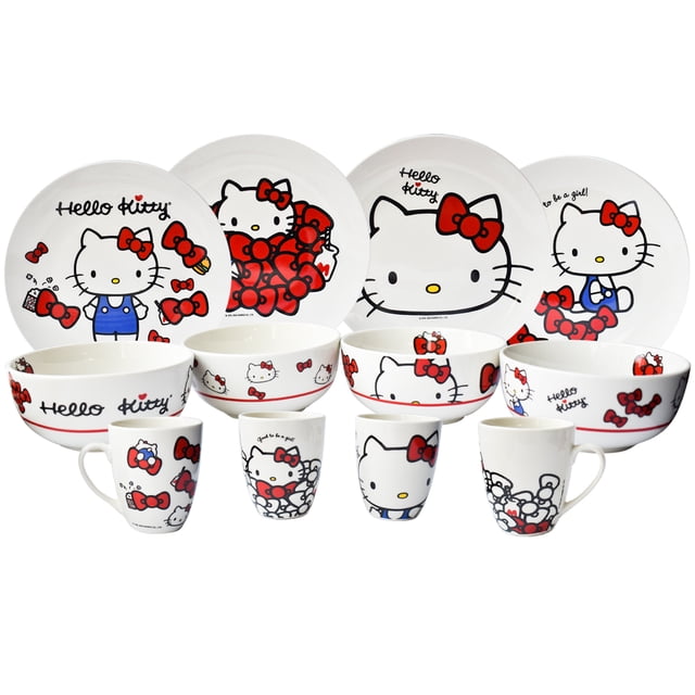 Juego Vajilla De Porcelana Hello Kitty Colección Moño Rojo,12 piezas Para 4 personas, Blanca con Caja de Regalo