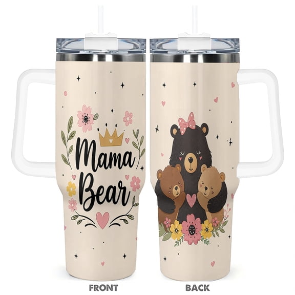 40oz Mama Bear Insulated Travel Tumbler With Handle and Straw Cute Bear Floral Car Cup Gift for Mom