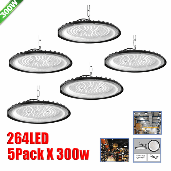 5 Pack 300W LED High Bay Light 30,000LM, 6000K Daylight UFO High Bay LED Shop Lights with Plug 5' Cable US Plug, IP65 Waterproof Lamp, Shop Lights, Commercial Workshop Garage granary Lighting