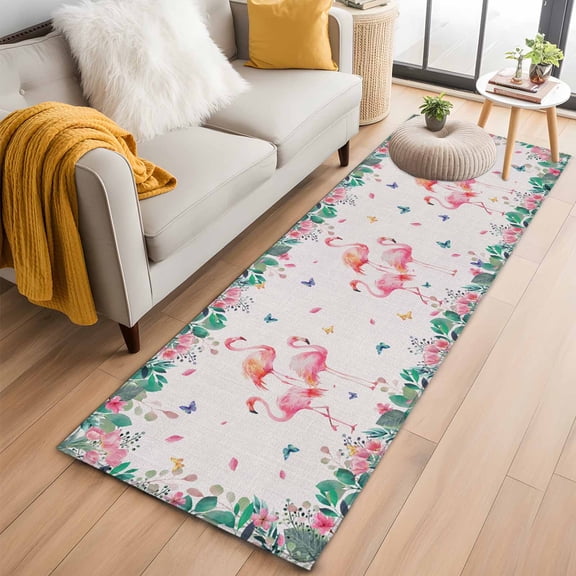 2'x6' Rug Runners for Hallways Kitchen, Pink Flamingo Non Slip Entryway Beside Floor Carpet Runner, Tropical Botanical Summer Flower Rustic Washable Laundry Room Bedroom Throw Rugs Mat for Family Pet
