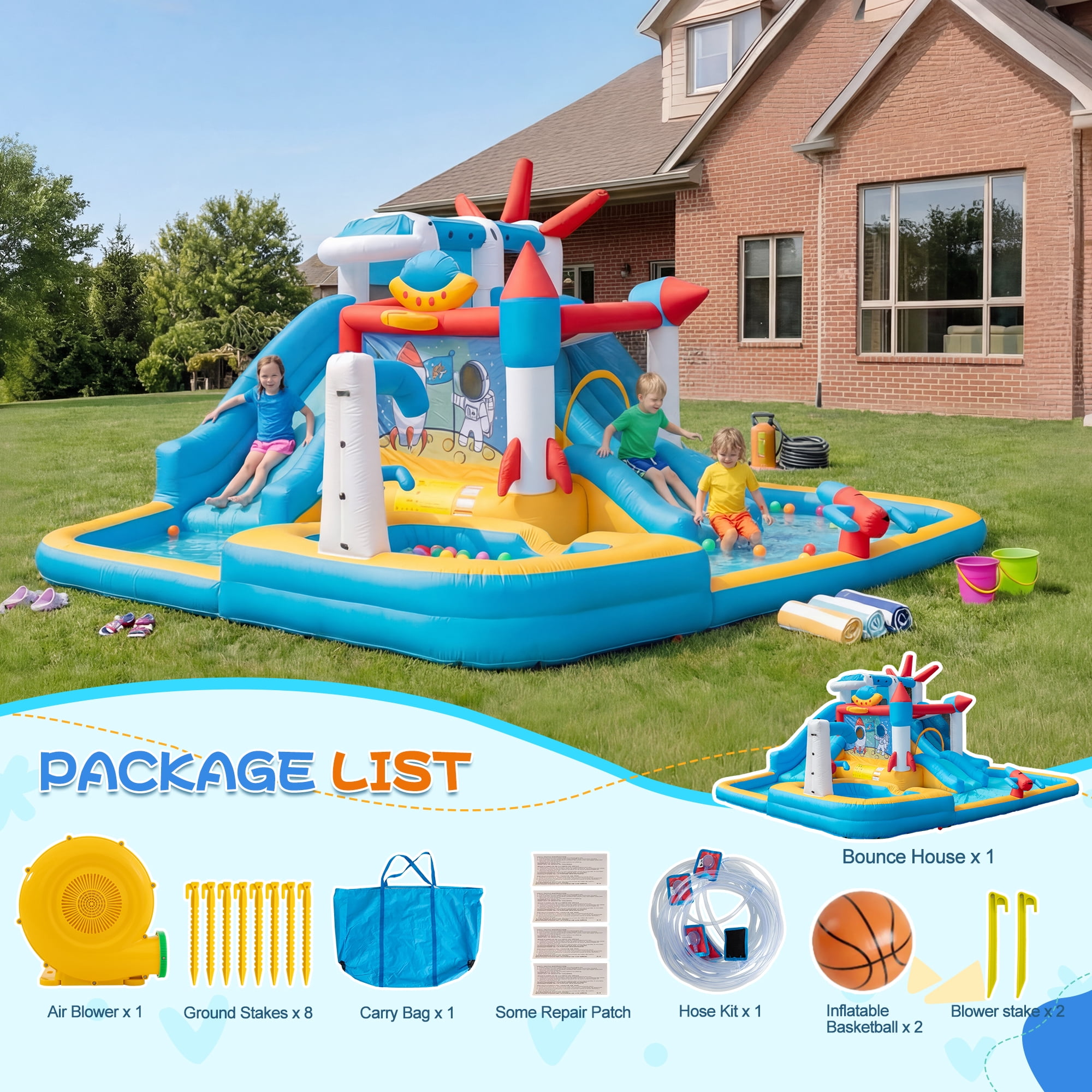 Eclife Inflatable Bounce House Water Slide with Blower, Backyard Water Park Combo with Slides, Splash Pool, Climbing Wall, Obstacle Course, Jumping Area for Indoor Outdoor