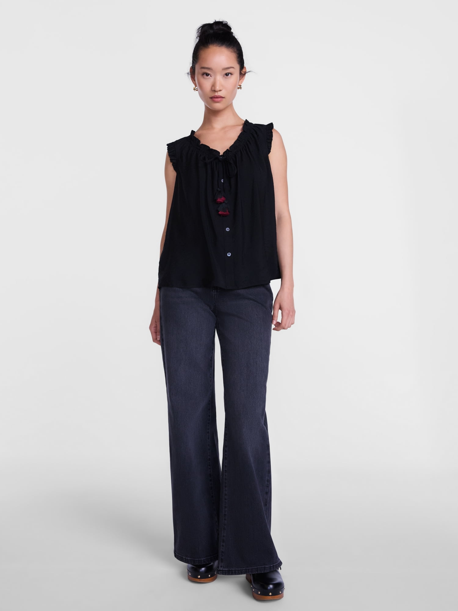 Scenario Women's and Women's Plus Ruffle Neck Tank Top with Tie Front, Sizes XS-4X