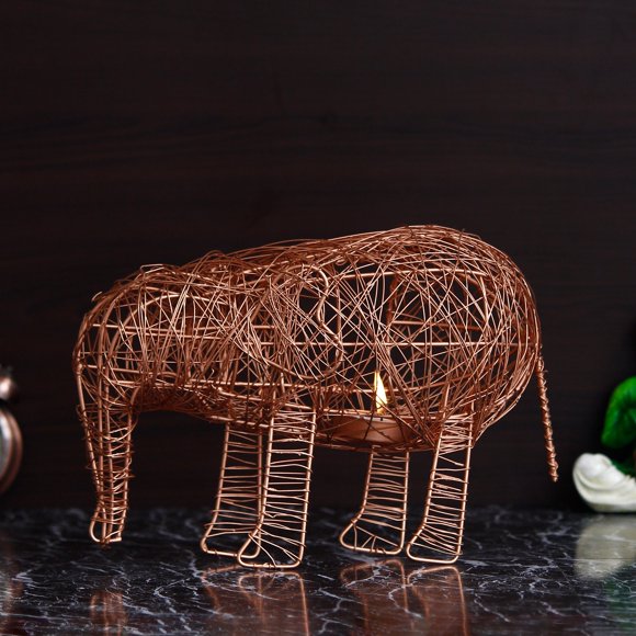 Elephant Shape Decorative Handcrafted Metal Mesh Tea Light Holder, Golden
