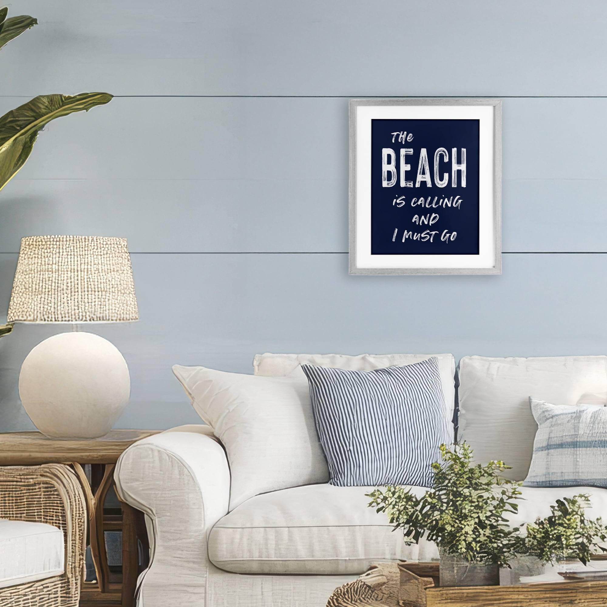 Beach Is Calling Summer Sentiment Gray Framed Print Under Glass, design by Lettered and Lined