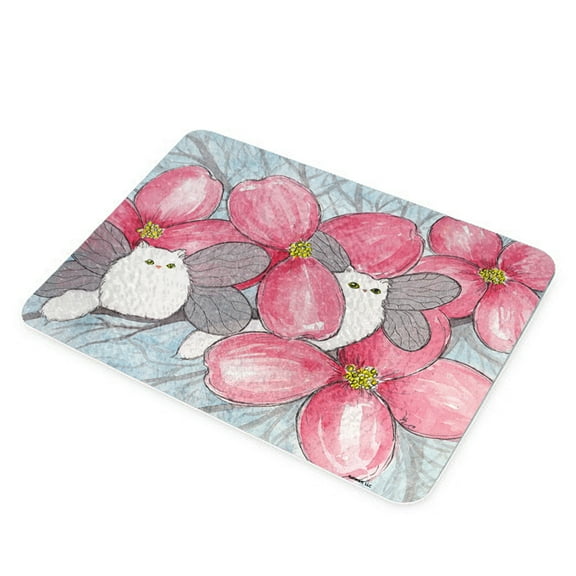 KuzmarK Glass Cutting Board - Silver Chincilla Persian Kitty Fairies with Pink Dogwood Fantasy Cat Art by Denise Every