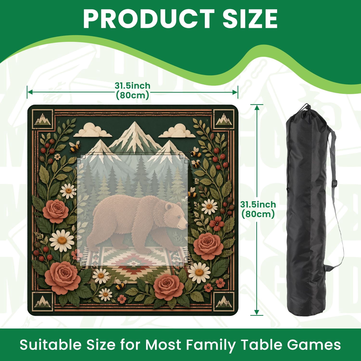 Mahjong Mat 31.5" x 31.5" Bear Forest Mountain Backdrop Floral Frame Non-Slip Noise Reduction American Mahjong Tiles Table Cover for Dominoes Poker Card Board Games Gift