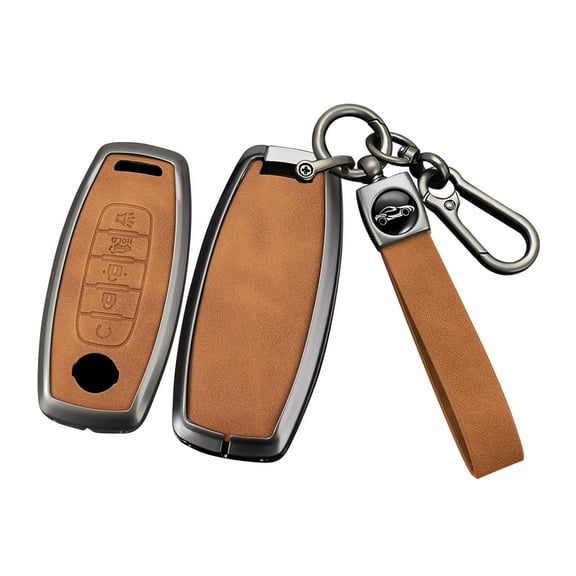 Metal Leather 5 Button Key Fob Cover Fit for Nissan Rogue 2024 2023 Pathfinder Versa Kicks Sentra Ariya Keyless Key Holder with Keychain