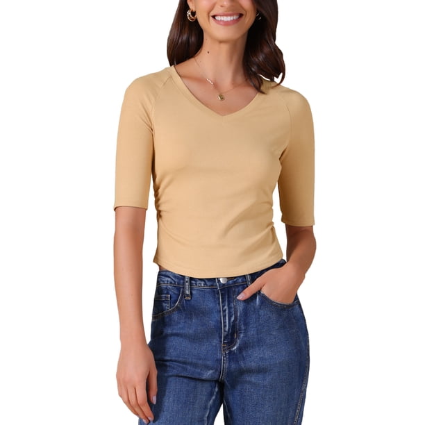 Camiseta básica casual de mujer con cuello en V, de manga corta, elástica y ligera, talla M, color albaricoque