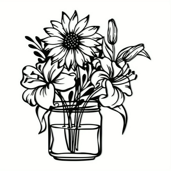 Iron Sunflower & Lily Vase Wall Art, Farmhouse Style Wall Hanging, Floral Theme Home Decor