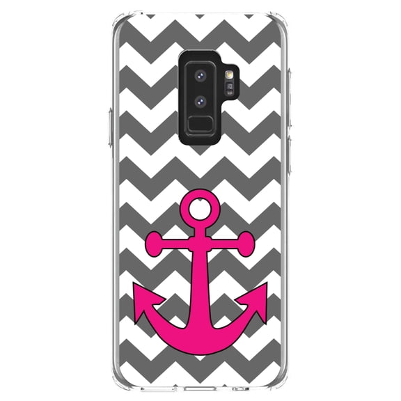 DistinctInk Clear Shockproof Hybrid Case for Samsung Galaxy S9  PLUS (6.2" Screen) - TPU Bumper, Acrylic Back, Tempered Glass Screen Protector - Grey White Pink Chevron Anchor - Nautical Design