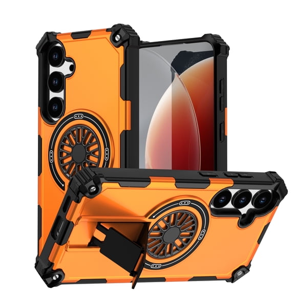 Allytechgroup Rugged Magnetic Case for Samsung Galaxy S26, Dual-Layer Shockproof Cover with Built-In Kickstand, MagSafe-Compatible, Rotating Ring Holder, Anti-Fall TPU PC Back Case,Orange