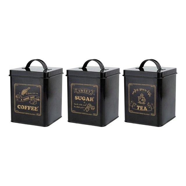 3Pcs Kitchen Counter Canister Set Stylish Square Box Organizer Vintage Canisters black
