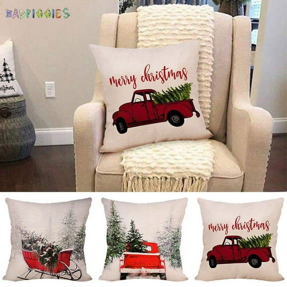 BadPiggies Set of 3 Christmas Throw Pillow Cases Cushion Covers, Vintage Red Truck Soft Cotton Linen For Home Xmas Party New Year Decorations