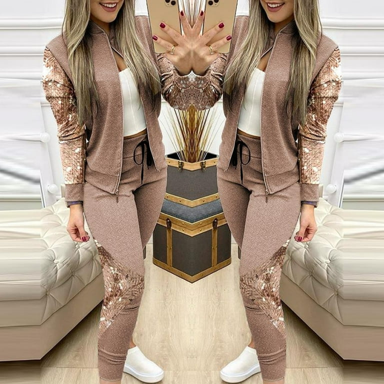 Sherrylily Women 2pc Set Sequins Zipper Design Jacket Drawstring