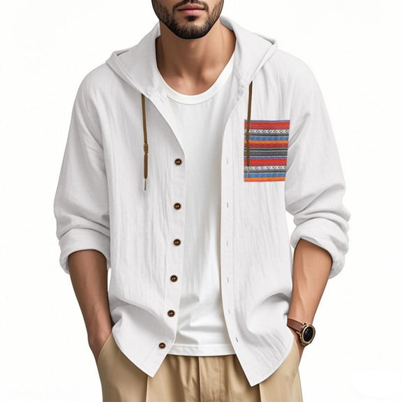 YaoYar Mens Cotton Linen Button Down Hoodies Fashion Casual Print Pocket Solid Hooded Long Sleeve Shirts