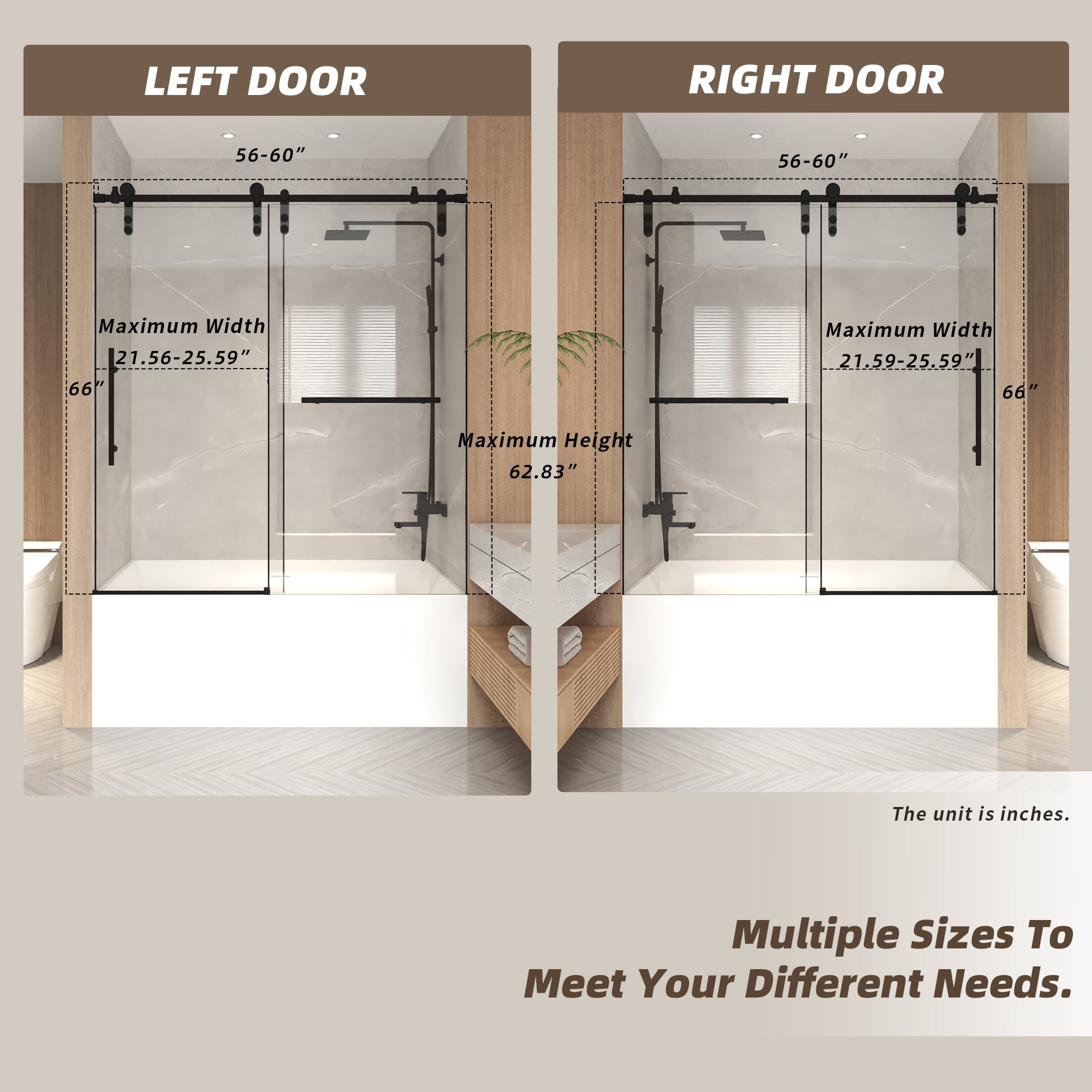 Leumius 56-60" x 66" H Frameless Sliding Shower Door,5/16" Clear Tempered Glass Sliding Shower Door,Stainless Steel Frame,Matte Black