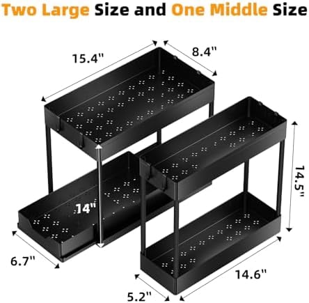 3 Pack Under Sink Organizer, Pull-Out Cabinet Organizer Drawer, 2 Tier Multi-Purpose Slide Out Storage Shelf for Kitchen Bathroom, Black
