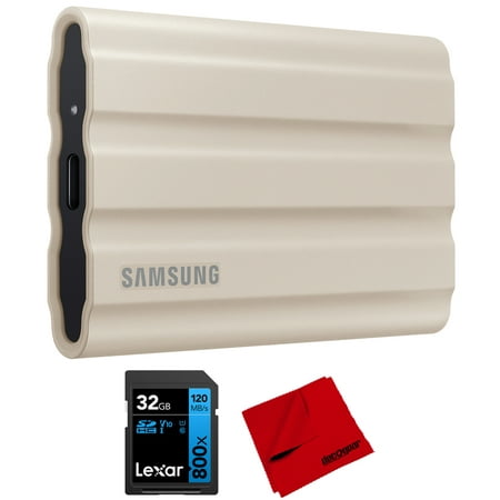 Image of Samsung MU-PE1T0K/AM T7 Shield Portable Solid State Drive 1TB Beige (2022) Bundle with Lexar 32GB 800x UHS-I SDHC Memory Card and Microfiber Cleaning Cloth