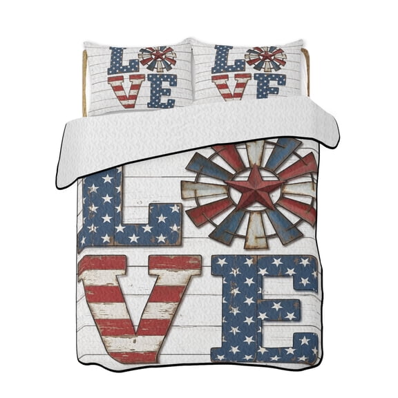 Quilt King Size Bedding Set, LOVE Reversible Summer Quilt 3 Pieces, Patriotic Usa Flag Stars Red Stripes Farm Wood Grain Lightweight Bedspreads Coverlets with 2 Pillow Shams for All Seasons