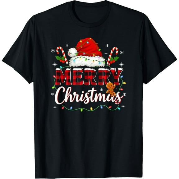 Merry Christmas Buffalo Plaid Red Santa Family Xmas Pajamas Adult T-Shirt