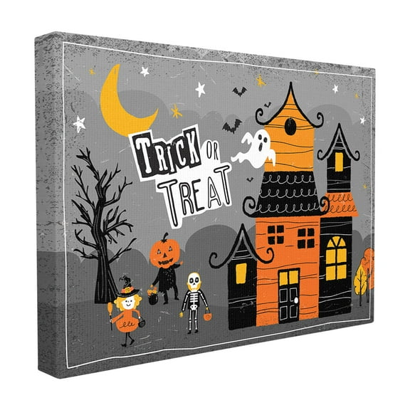 The Stupell Home Decor Collection Black Orange and Grey Trick Or Treat Haunted House Scene Ghosts Moon Pumpkins Bats Stretched Canvas Wall Art, 16 x 1.5 x 20