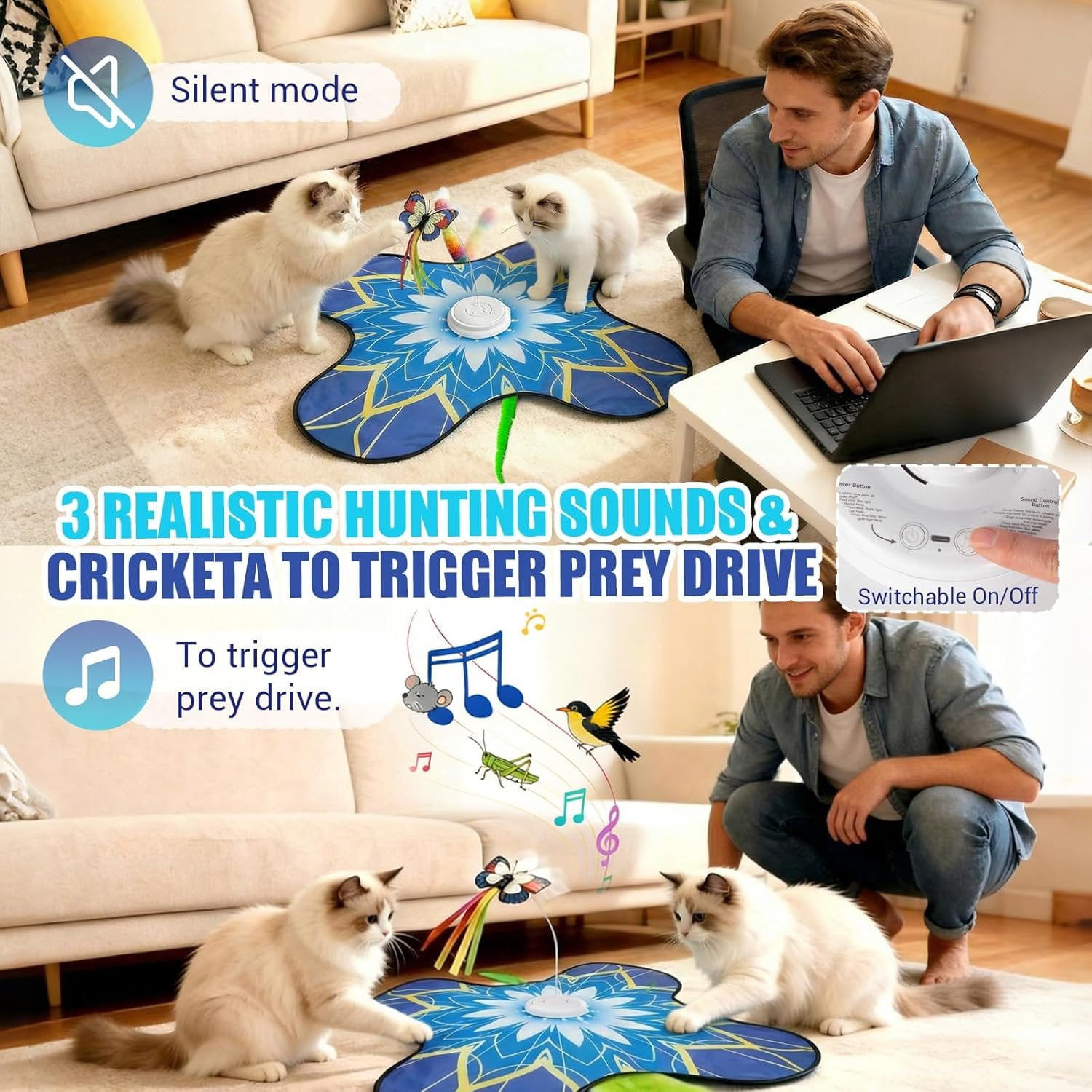 Interactive   for Indoor Cats,  Activated Automatic    with Sound /Off, Dual Wands, Non-Slip Suction Cups, Rechargeable  and Seek  Play Mat for Bored Adult Kittens