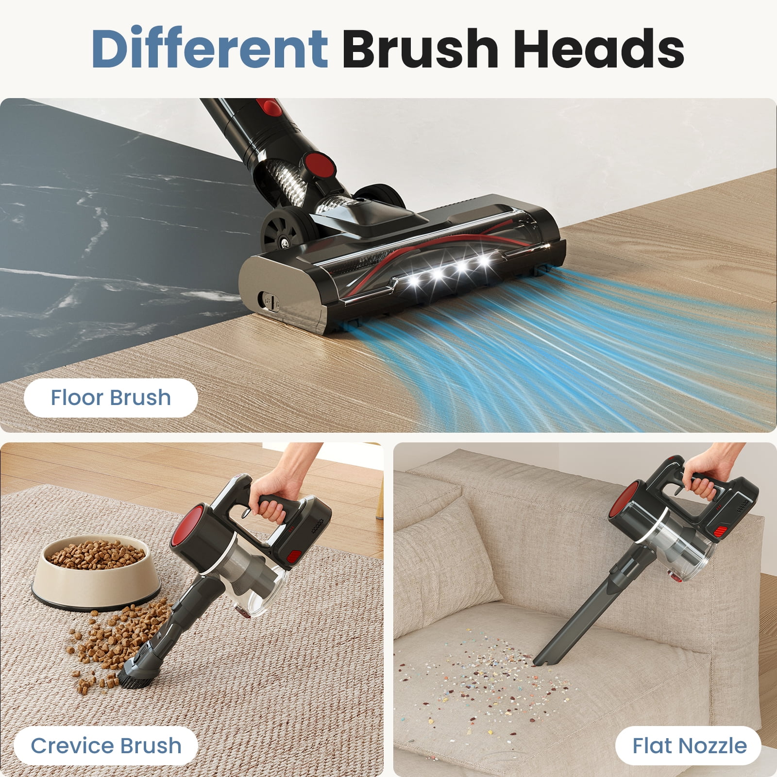 MCQ 3-in-1 Cordless Stick Vacuum Cleaner, Lightweight with LED Headlight for Carpet, Floor & Pet Hair, Black-Red